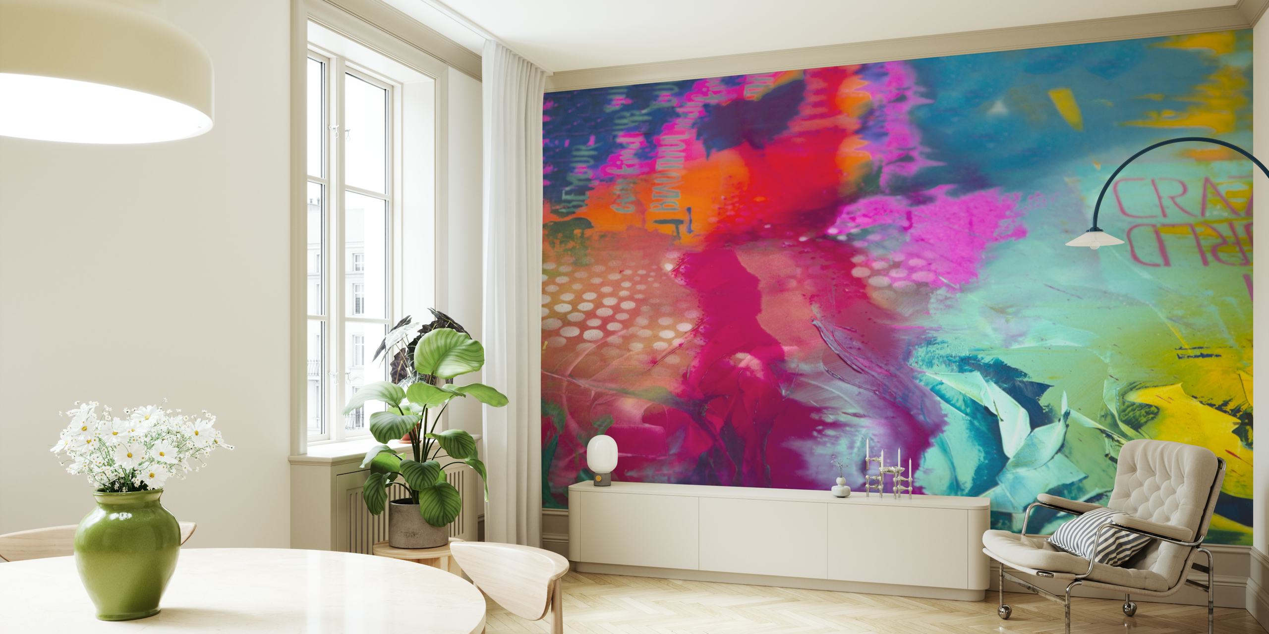 Colorful abstract wallpaper with vibrant pink, blue, and yellow patterns